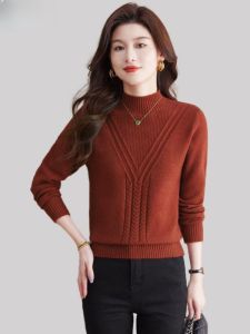 เสื้อสเวตเตอร์ถักนิตติ้งคอปกต่ำสีแดง ผ้าขนสัตว์ แขนยาว ทรงเข้ารูป ปกติ เสื้อชั้นในสำหรับฤดูใบไม้ร่วงและฤดูหนาว
