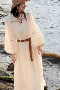 Elegant French Style White Lantern Sleeve Hollow out Dress Womens Fashion Spring New Arrival High Waist Cotton Blend Long Dress