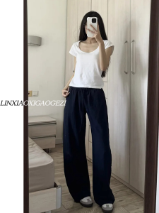 Womens High Waist Straight Leg Linen Pants Long Summer Casual Breathable Drapey Cotton Linen Trousers Korean Style