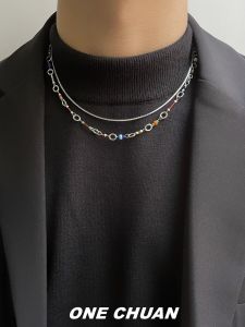Colorful Beaded Necklace Hip Hop Style Mixed Material Double Layer Fine Chain for Men and Women Trendy Accessory