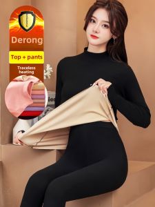 High-Necked Dralon Heattech Intimates Womens Fleece-Lined Suit Brushed Heating Integrated Pure Cotton Long Johns Top & Bottom Bottoming Shirt Winter