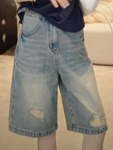 Shalldoer | Retro Washed Hole Wide Leg Denim Shorts Womens Summer Loose Breathable Five Shorts High Waist Straight Cut Blue Jeans