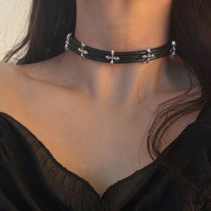 Dark Cross PU Leather Choker Necklace Short Sweet And Cool Style Womens Fashion Jewelry Skeleton Chain Trendy Accessory