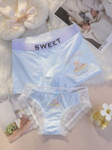 ชุดกางเกงชั้นในลูกไม้รูปตัวการ์ตูนสำหรับคู่รักในฤดูร้อนปี 2024 ทรงต่ำ ทรงสามเหลี่ยม ผ้าโพลีเอสเตอร์ 2 ชิ้น ลายการ์ตูน
