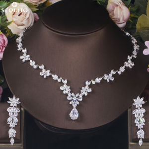 SEQUITO Bộ Mạ Vàng Trắng Chất Lượng Cao Cấp Hoa Cưới Mặt Dây Chuyền Bông Tai Lủng Lẳng Bộ AAAAA Zircon Lập Phương Đồ Trang Sức Cô Dâu Sáng Bóng Ốp Lát Hoàn Toàn Cho Lễ Đính Hôn SJ348