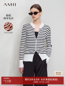 Amii Autumn New Casual round Neck Zipper French Stripe Knitted Open Cardigan Women Slimming Color Block Long Sleeve Top