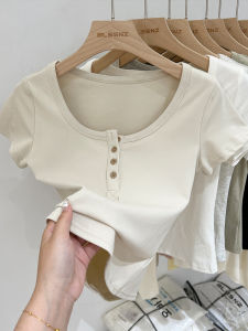 Pure Cotton Short Sleeve U-Neck T-Shirt Women Summer Slim Fit Half Sleeve Body Shirt Korean Style Commute Creative Pattern