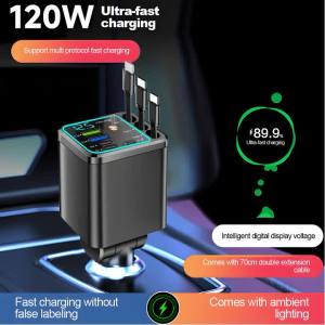 kebidumei | 7 In 1 Quick Phone Charger 148W PD Type C Dual USB Phone Charger Digital Voltmeter with 3 Retractable Cables For IPhone Huawei