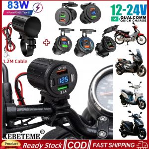 KEBETEME Motorcycle USB Fast Charger Waterproof Socket with Voltmeter Switch Handlebar Type C QC3.0 Power Outlet Moto Phone Charger