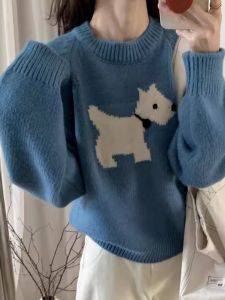 BINKAFENNY | Blue Round Neck Pullover Soft Cozy Dog Sweater Womens Autumn Winter Korean Style Lazy High-End Knitted Top Fashionable Commute