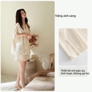 yuenei | Bộ đồ ngủ lụa mát mẻ mùa hè cho nữ Bộ đồ ngủ lụa mỏng thường ngày có tay ngắn quần short mặc ở nhà thoải mái