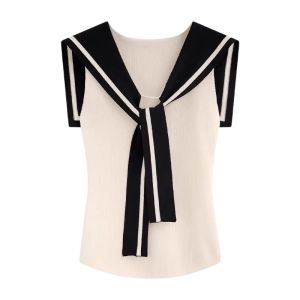 YUEZHONGWEI | French Navy Collar Color Block V Neck Ice Silk Knitted Short Sleeve Women Summer Slim Fit Vest Top Shoulder Pad Summer Heat