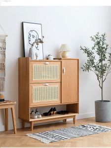 Scandinavian Solid Wood Rattan Ultra-Thin Shoe Cabinet Japanese-Style Small Apartment For Home Hall Cabinet Entrance Cabinet Household Breathable Storage Cabinet