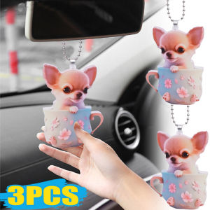 3PCS New Cute Teacup Chihuahua Acrylic Plane Pendant Creative Keychain Backpack Decoration Car Rear View Mirror Decor Accessories