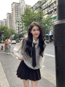 College Style Knitted Grey Twist Vest Shirt Skirt Set Women Early Autumn Retro Anti-Aging Three-piece Fashion Ensemble