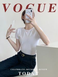 White T-Shirt Womens Short Sleeve Pure Cotton T-shirt Top Silm Super Nice Shoulder Inner Wear Bandage Dress Easiest for Match Bottoming Shirt T Summer