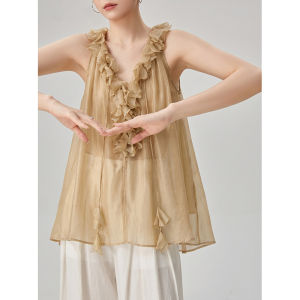 GULILI | Holiday Style Gold V-neck Ruffled Loose Sleeveless Top