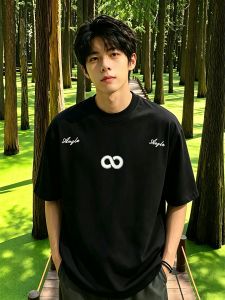 OUMULONG | Letter Embroidery Regular Shoulder Narrow Collar Cleanfit Short Sleeve T-shirt