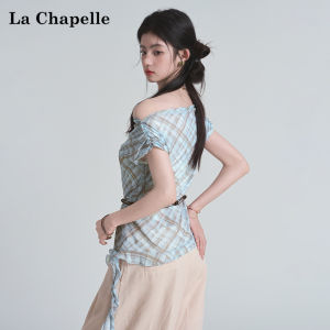 La Chapelle | Irregular Grid Asymmetrical Collar Off-Shoulder Slimming T-Shirt