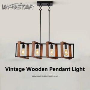 Vintage Industrial Style Pendant Light 4-Head Solid Wood Iron Hanging Lamps for Dining Room Restaurant Lighting Fixture