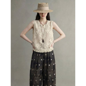 GULILI | Resort Style Beige Lace Hollow Out Tank Top with Polka Dot Wide Leg Pants Suit