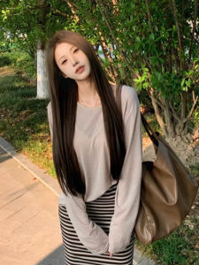 YUEZHONGWEI | Café Shoulder Ice Silk Long Sleeve T-Shirt Women Summer Thin Outer Loose Air Conditioner Covering Top Pure Color Commute Style