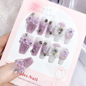 【With Glue】Mid-length Fake Nail Purple Flowers Decor Artificial Nail for Women and Girl Party Activity