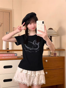 Cute Cartoon Swan Print Short Sleeve T-Shirt Womens Shoulder Length Slim Fit Summer Top Creative Pattern Cotton Blend