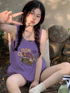 Pure Cotton Sleeveless Tank Top Womens Summer Loose Lazy Style Neck Hanging Shirt Printed Asymmetric Casual Fashion