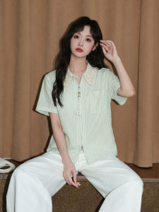 ZISUO | Green Stripes Lace-up Short Sleeve Blouse
