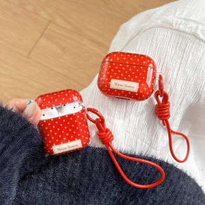 Fashion Simple Polka Dot Design Red Glossy Protective Earphone Case with Red Lanyard Cover for AirPods 1 2 3 4 Pro 2 Pro 3