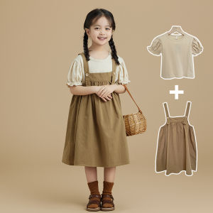 Blue Cotton Romper Summer Outfit for Little Girls Two-Piece Set Casual Style Pure Color Skirt Childrens New Arrival Forest System