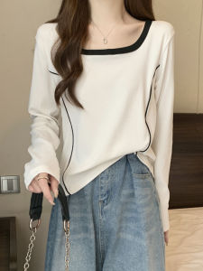 White Base Color T-Shirt Womens Spring Autumn Square Collar Long Sleeve Slimming Fashion Fishbone Inner Wear Commute Style