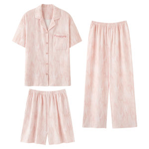 Miiow | Pure Cotton Womens Sleepwear Short Sleeve Thin Home Clothes Three-piece Set Sweet Style MiiOW Cat Person Breathable Summer Pyjamas