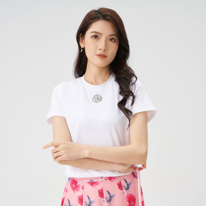 เสื้อยืดคอกลมแขนสั้นผ้าฝ้ายแท้สำหรับผู้หญิง เสื้อยืดทรงเข้ารูปสำหรับใส่ไปทำงานในฤดูร้อน ปักลายดอกไม้ ทรงเข้ารูป แขนสั้น คอตั้ง