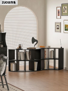 ตู้หนังสือมุมห้องนั่งเล่นสไตล์ย้อนยุค ตู้หนังสือทรงมนแบบแยกชั้นวางของ ตกแต่งภายในบ้านแบบใช้งานได้จริง วัสดุ MDF สีไม้