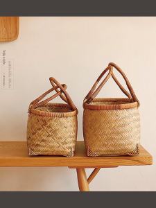 Handmade Wicker Basket ถ้วยใบไม้ไผ่สไตล์ญี่ปุ่น ถ้วยใส่ของสำหรับใส่ของ ถ้วยใส่ของกลางแจ้ง ถ้วยใส่ผลไม้สำหรับปิกนิก