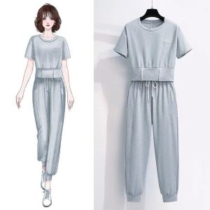 Dream Heson ผู้หญิงฤดูร้อนสบายๆชุดกีฬาแฟชั่นเก๋สีเทาแขนยาวกางเกงขาสั้นชุดสองชิ้นสําหรับ 18-25 วันเกิด party