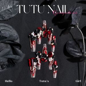 Tutu Nail Handmade Wearable False Nails Autumn Winter White Enhancing Black Sculpture Long Bead Nail Art for Women