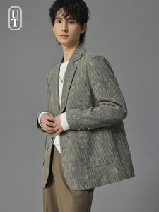 Loose Fit Bamboo Texture Embroidery Mens Suit Casual Fashion Urban Style Cotton Linen Blend Spring Autumn Outerwear