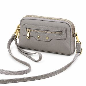 Womens Genuine Leather Mini Sling Bag Dual Zip Compartments Adjustable Crossbody Strap