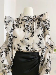 French Knot Butterfly Bow Long Sleeve Floral Print Womens Shirt Spring Design Sensation Age Reduction Lace Trim Small Top