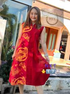 ชุดเดรส ผูกเอว รับตรุษจีน ลายมงคล มังกร ปลา