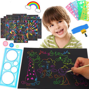Color Rainbow Scratch Art Paper Card Set with Graffiti Stencil for Drawing Stick DIY Art Painting Toy for Children