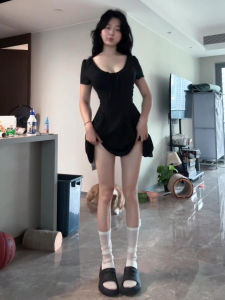 Itawina | Black Summer Short Skirt Womens High Waist Cinched Waist Dress Beach Vacation Beautiful Girl Style Pure Color Flared A-Line Skirt