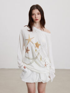 Lucky Star Summer Print Rhinestone Wide Collar Shoulder Bared Air Conditioning Long Sleeve T-Shirt Women Cool Rayon Cotton Polyester Blend