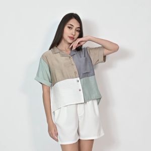 QUEENTIN Kemeja Wanita Kombinasi 0315 Linen Polo Polos Patchwork Lengan Pendek