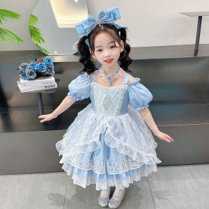 Disney Princess Child เด็กผู้หญิง เดรส ฤดูร้อน 2024 ใหม่ Elsa เดรส เด็กวัยหัดเดิน เด็กผู้หญิง S Puffy กระโปรง แขนยาวสูง เอว Fairy Tale เดรส