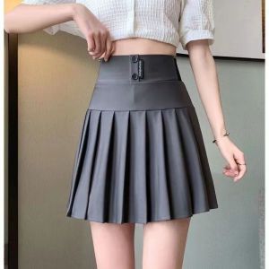 New Korean Anti-glare Retro Plain Womens High Waist Pleated Tennis A-line Skirt