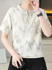 HENGYUANXIANG | Hengyuanxiang Brand Cotton Linen Round Neck Short Sleeve T-Shirt Mens Summer New Chinese Style Ice Silk Button Up Shirt T